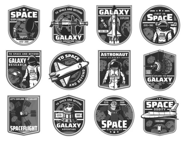 宇宙探査 銀河冒険黒と白のアイコン 宇宙船と人工衛星 軌道望遠鏡とシャトルオービター 宇宙飛行士のモノクロイラストセット — ストックベクタ