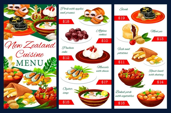 Nuova Zelanda Modello Menu Vettoriale Cucina Pasti Maiale Con Mele — Vettoriale Stock