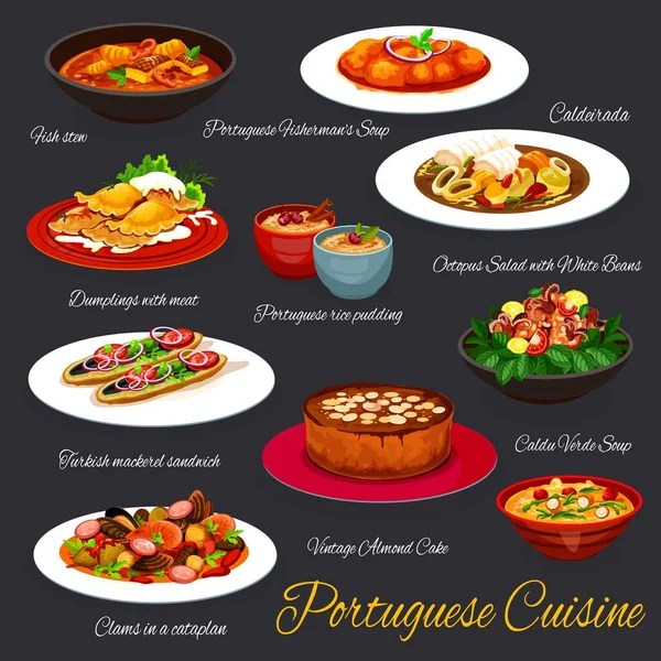 Portuguese Cuisine Food Portugal Restaurant Menu Dishes Vector Traditional Meals — Stock Vector