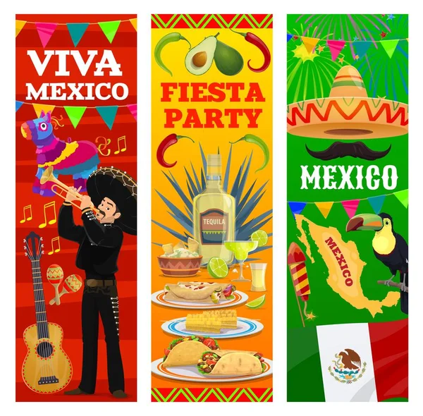 Mexické Fiesta Party Vektorové Transparenty Mexickou Vlajkou Mapou Jídlem Sombrero — Stockový vektor