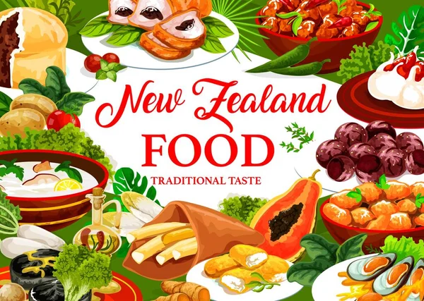 Nová Zelandská Kuchyně Vektorové Pokrmy Vepřové Jablky Švestkami Afghánské Sušenky — Stockový vektor