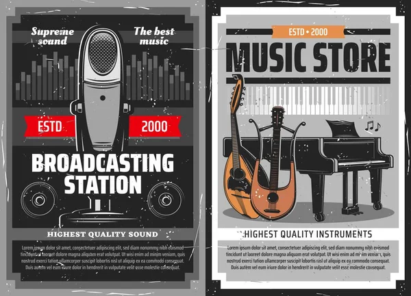 Cartel Radiodifusión Tienda Instrumentos Música Micrófono Retro Vector Piano Radiodifusión — Archivo Imágenes Vectoriales