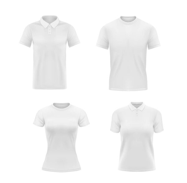 White tshirts, polo shirts for men or women vector mockup. T shirts with short sleeves round neck and collar template front view. Blank apparel design, sportswear, casual clothing realistic 3d mock up