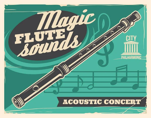 Flute Music Concert Classic Live Acoustic Concert Vector Vintage Poster — Stock Vector