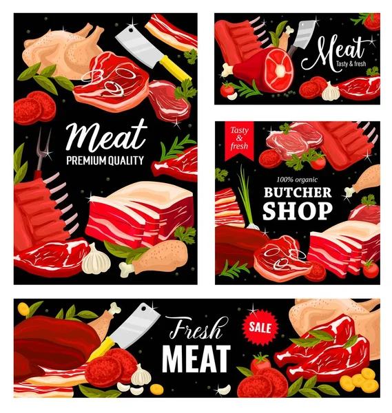 Κρέας Κρεοπωλείο Βοδινό Χοιρινό Και Αρνίσιο Φαγητό Πανό Αφίσες Μπριζόλες — Διανυσματικό Αρχείο