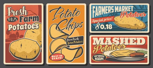 Kartoffelgerichte Und Food Retro Poster Vector Rohe Pürierte Und Kartoffelchips — Stockvektor