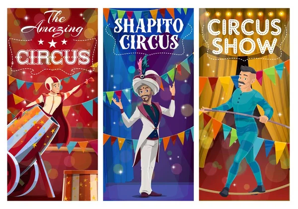 Top Tent Circus Characters Banners Vector Cartoon Magician Rope Walker — Stock Vector