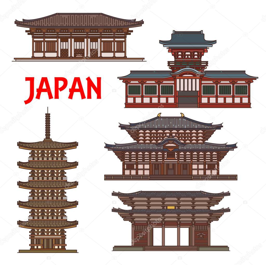 Japanese temples and shrines pagodas, Japan Nara Buddhism architecture vector landmarks. Todaiji and Kofukuji Shinto pagoda tower, Kasuga Grand Shrine or Kasuga-taisha and Nandaimon Gates