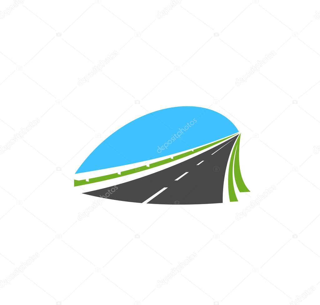Highway vector icon, isolated road symbol, pathway with safety barrier, green field and blue sky. Map, navigation, direction and travel sign. Speedway bordered with fencing going into the distance