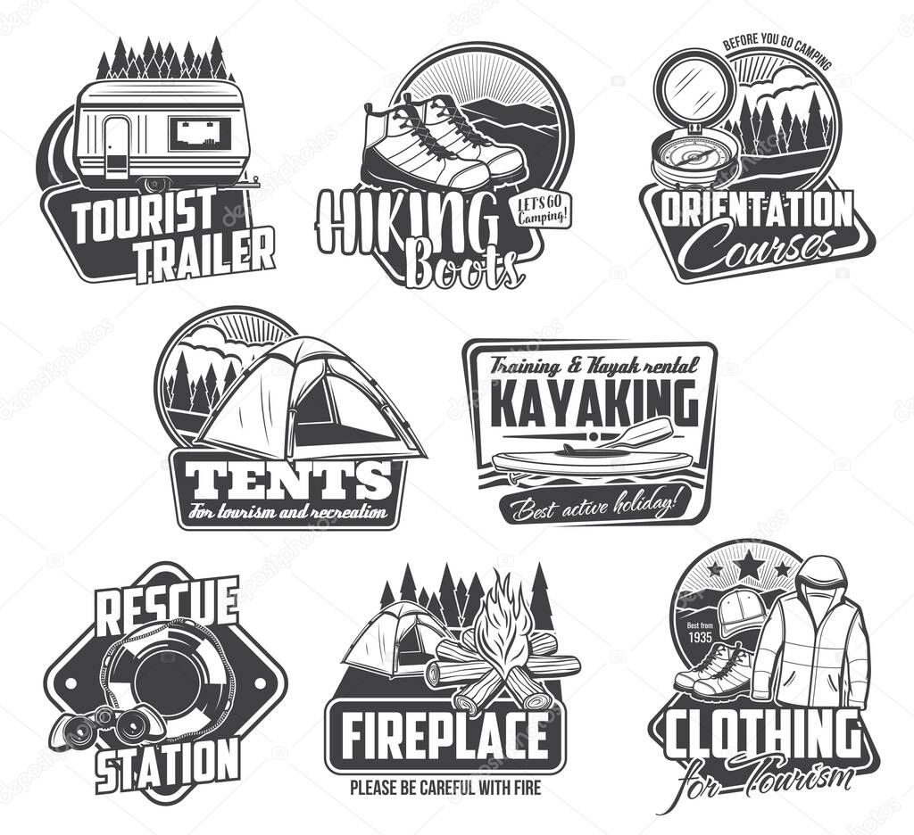 Camping, hiking, kayaking icons, travel tourism sport and outdoor adventure, vector. Mountain camping fireplace and hiking club expedition, mountaineering tourism equipment, clothing and tents shop