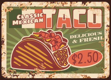 Taco, Meksika mutfağının fast food vektör tasarımı. Et, peynir ve sebze, acılı salsa, avokado guacamole ve Meksika bayrağıyla doldurulmuş mısır tortilla sandviçi.