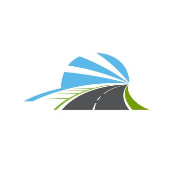 Otoyol, izole edilmiş yol vektör yolu simgesi. İki şeritli asfalt yarış pisti, kaldırım, yeşil alan ve mavi gökyüzü mesafeye gidiyor. Harita için garaj yolu sembolü, yön ve navigasyon işareti