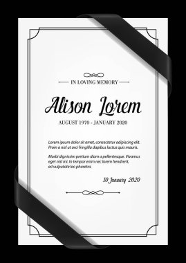 Funeral card vector template with black frame, mourning ribbons in corners, place for name, birth and death dates. Obituary memorial, condolence funeral card design, in loving memory typography clipart