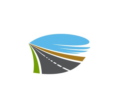 Yol, patika ya da otoyol izole edilmiş vektör simgesi. Taşımacılık yolu, iki şeritli yol yeşil tarlalar, kayalar ve mavi gökyüzü ile kayboluyor.
