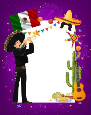 Cinco de Mayo vektör çerçevesi, Meksika 'lı Mariachi müzisyen karakteri sombrero ve ulusal kostüm trompeti çalıyor. Latin yemeği tacoları, mısır ve guacamole, kaktüs, gitar. Çizgi film Cinco de Mayo sınırı