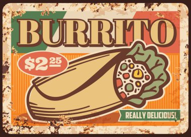 Meksika burrito paslı metal levha vektör fast food tortilla sarmalı sandviç. Marul salatalı mısır rulosu, tavuk eti, fasulye ve pilav, soslu sebze ve peynir dolgu, restoran menüsü
