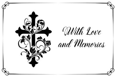 Funeral card vector template with cross and floral ornament or flourishes. Vintage condolence funereal card with frame love and memory typography. Obituary memorial, remembrance retro funeral poster clipart