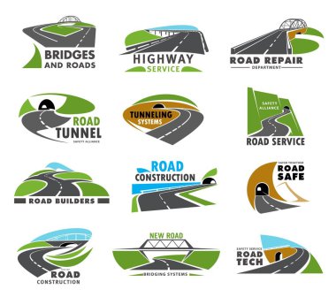 Yol ikonları, karayolu ve yol yolu ya da patika, vektör ulaşım trafiği caddeleri. Yol servisi, onarım ve inşaat, köprü ve tüneller şirket sembolleri, güvenli yolculuk ve seyahat işaretleri
