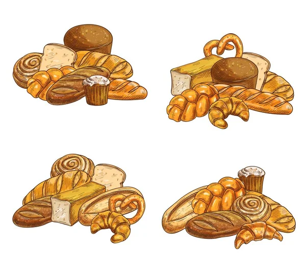ペストリー パン屋の製品のスケッチベクトル チーズ ブリオッシュローフ ユダヤのチャラ ドイツのプレッツェル フランスのクロワッサンとバゲット アイシングと甘いパンとライ麦パン — ストックベクタ