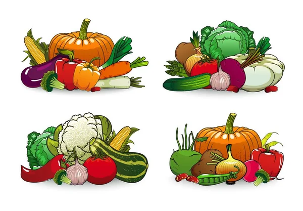 Granja Verduras Vector Iconos Calabaza Pimiento Coliflor Con Remolacha Patata — Vector de stock