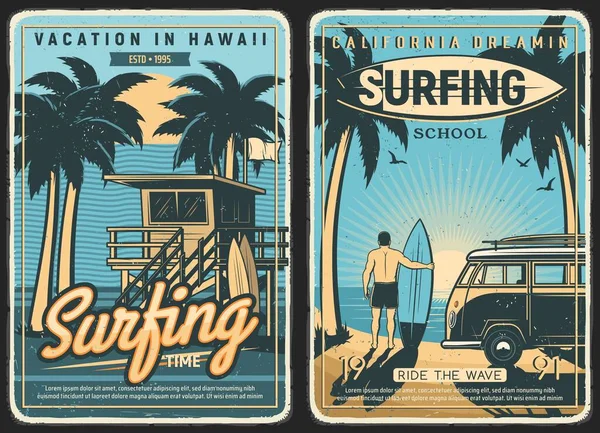 Eski Sörf Posterleri Sörf Sahili Yazları Sörf Tahtası Vektörlü Sörfçüler — Stok Vektör