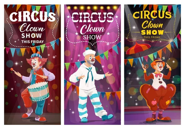 Circus Clowns Komedie Show Vector Banners Clowns Met Gezichtsmake Matrozen — Stockvector