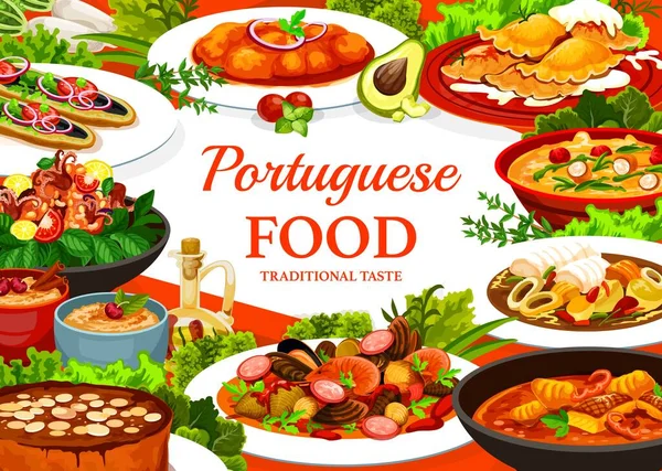 Portekiz Mutfak Vektörü Caldy Verde Çorbası Balık Güveci Etli Börek — Stok Vektör