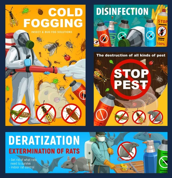 Kártevő Kontroll Vektor Plakátok Fertőtlenítés Deratizáció Hideg Köd Rovarirtás Egészségügyi — Stock Vector