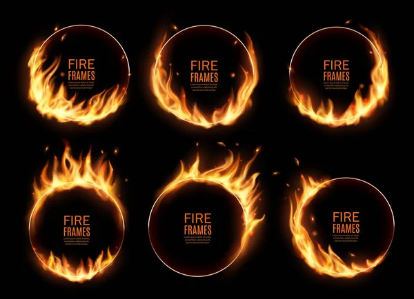 Pierścienie Ognia Płonące Okrągłe Ramy Wektorowe Realistyczne Kręgi Poparzeń Płomienistymi — Wektor stockowy