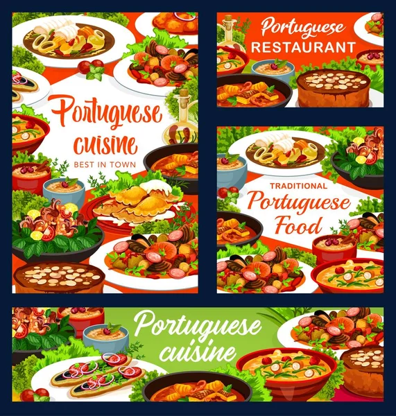 Πορτογαλική Κουζίνα Vector Fish Στιφάδο Ζυμαρικά Κρέας Και Caldeirada Πουτίγκα — Διανυσματικό Αρχείο