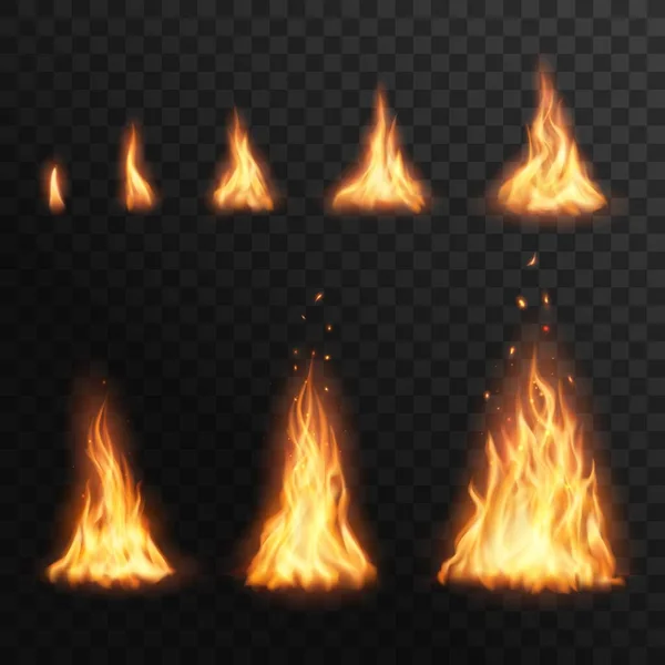 Flaring Fire Stages Vector Burning Campfire Blaze Effect Animation Realista — Vetor de Stock