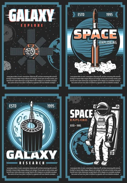 レトロベクトルポスターを探索する空間 宇宙飛行士 シャトル宇宙探検家 衛星と宇宙空間の惑星と銀河探検冒険ヴィンテージカード コスモス研究 植民地化ミッション — ストックベクタ