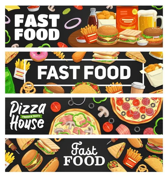 Fast Food Afhaalmaaltijden Banners Vector Burger Hotdog Pizza Sandwich Frisdrank — Stockvector