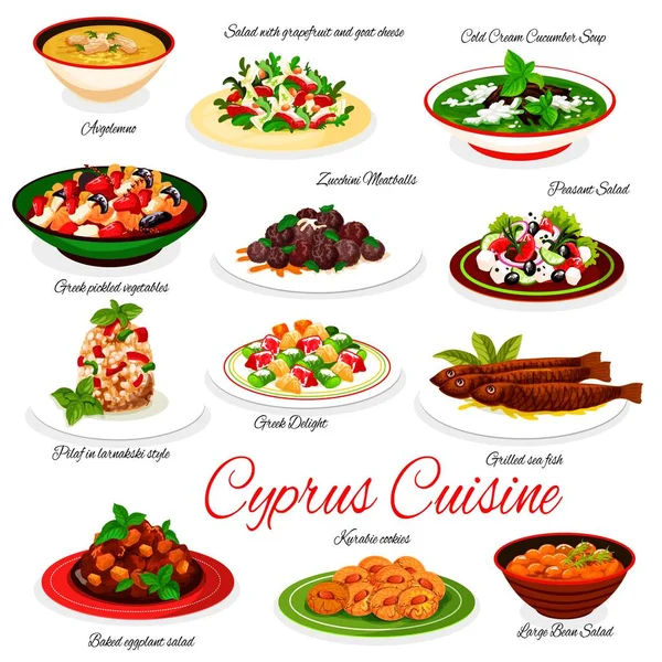 Cyprus Cuisine Vector Menu Avgolemno Zucchini Meatballs Salad Grapefruit Goat — Stock Vector