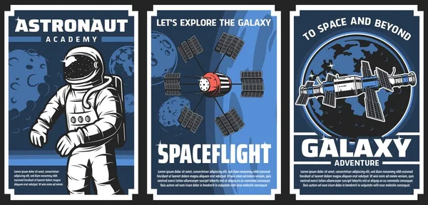Ruimteonderzoek Astronautenacademie Retro Vector Posters Cosmos Onderzoek Sterrenstelsel Expeditie Avontuur — Stockvector