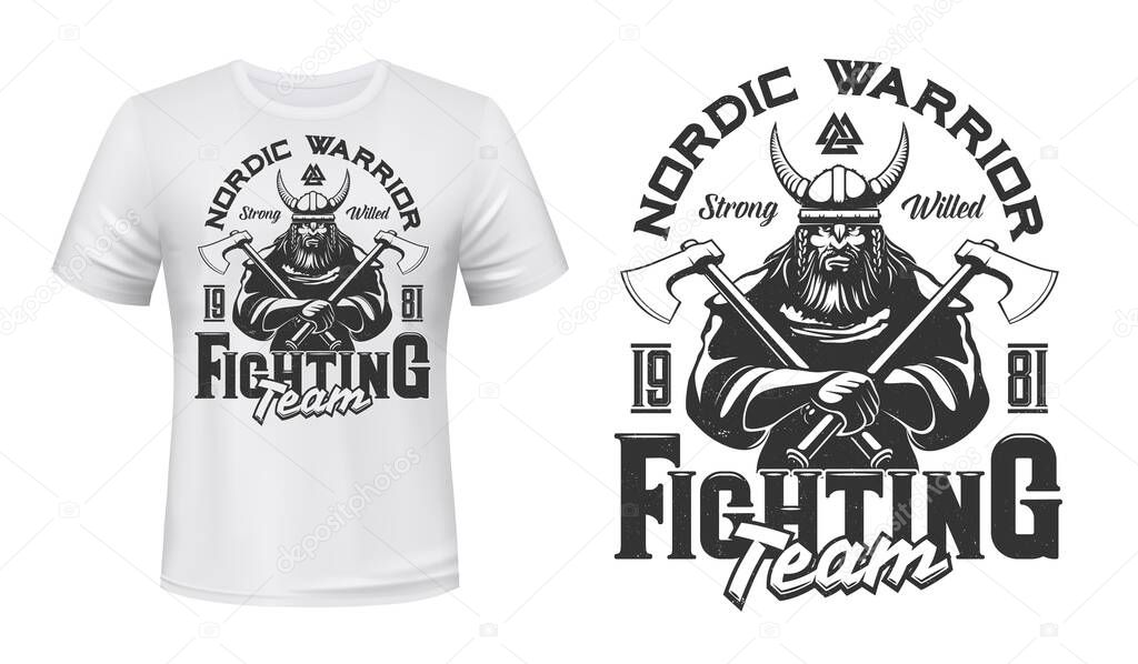 Viking warrior mascot t-shirt print vector template. Brutal, bearded viking in armor, horned helmet, holding battle axes in hands. Sports team or club emblem, apparel custom design print mockup