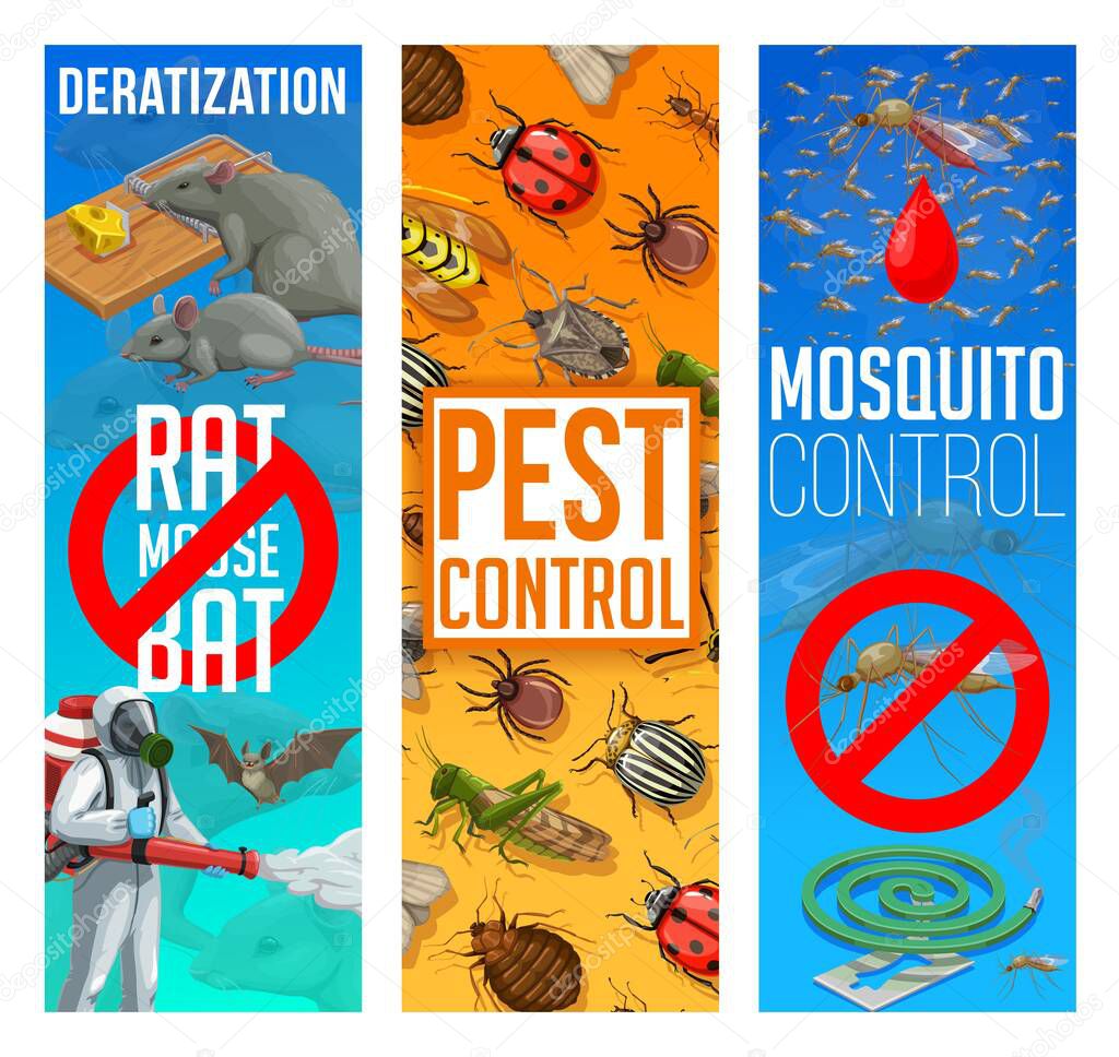 Pest control, disinfestation and deratization vector banners. Sanitary service, domestic pest control disinfection and fumigation of mosquito and bugs, rodents and parasites insects extermination