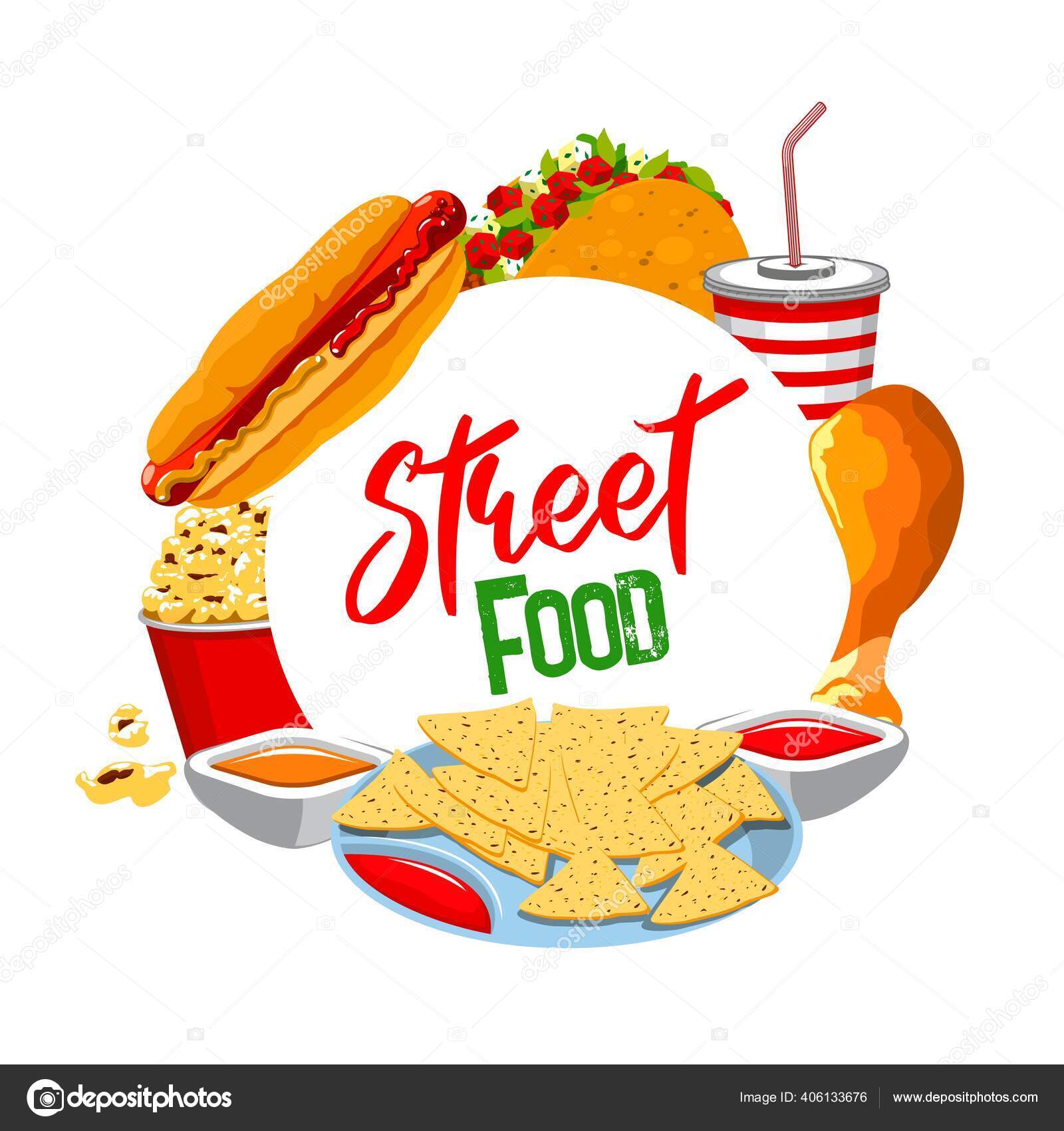 Fast Food Banner Redondo Cachorro Quente Vetorial Tacos Bebida Cola Vetor de  ©Seamartini 406133676, image size:1600x1700