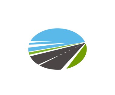 Yol yolları, otoyol ikonları, rota sürücüleri, vektör işareti. Yol inşaatı, ulaşım ve onarım şirketi, işaretleme şeridine sahip karayolu, güvenlik ulaşımı