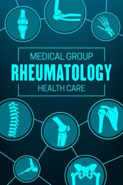 Romatoloji, eklemler ve romatizmatik sağlık hizmetleri. İnsan iskelet parçaları el, ayak ve leğen kemiği, omurga, diz ve omuz eklemleri MRI veya bilgisayarlı tomografi görüntüleri, tıp posteri