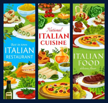 İtalyan mutfağı yemek vektör pankartları. Pizza marinara, spagetti bolonez ve saltimbocca, karides tagliatelle, lazanya cannelloni ve cassata, biftek cannelloni, yumurta florentine ve polenta