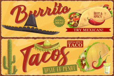 Meksika dürümü ve taco retro pankartları. Meksika mutfağı, et, salata, acı biber ve peynir dolgulu sokak yemekleri. Sombrero şapkası, çöl kaktüsü ve limon vektörlü bir bardak tekila.