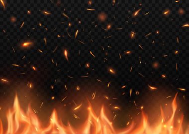 Kıvılcımlı gerçekçi ateş, yükselen parçacıklarla kamp ateşi yakma vektörü, kor ve kül. Yanan 3D şenlik ateşi, alev efekti, parlayan parlama. Demircinin sıcak dilleri ya çalışır ya da cehenneme gider.