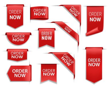 Order now red banners, realistic vector ribbons, web design elements. Corners, flags or isolated bookmarks. 3d icons or labels, discount silk promo event banners, shopping order tags and badges set clipart