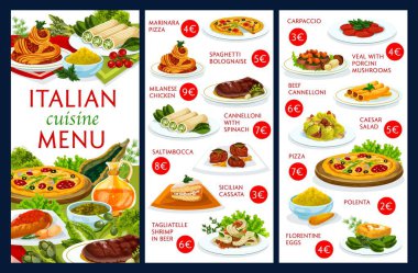 İtalyan mutfağı menüsü vektör şablonunu kapsar. İtalyan menüsünde pizza ve spagetti, dana eti, tavuk eti ve karides, tatlı pastası, carpaccio ve polenta, otlarla garnitür.