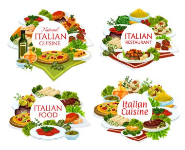 İtalyan mutfağı tabakları afişlerin etrafında. Pizza, mantarlı dana eti ve carpaccio, yumurta florentine, polenta ve biftek cannelloni, Sezar salatası, spagetti ve karides tagliatelle vektörü.
