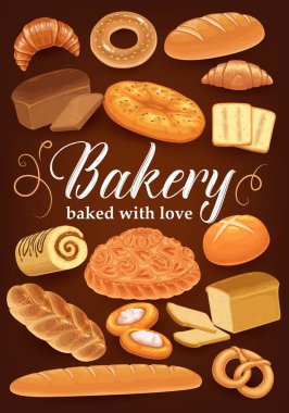 Fırın ekmeği, pasta ve tatlı, kruvasan ve baget vektör posteri. Fırın yemek menüsü, tatlı çörekler, buğday somunu ve rustik ekmek tostları, simit ve tatlı çörek.