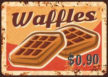 Belçika waffle 'ı paslı metal plaka, vektör fırınlanmış wafer paslı teneke tabela, tatlı pasta retro poster. Mağaza veya şekerleme kafe menüsü için fahiş fiyat etiketi. Belçika waffle 'ları için tanıtım kartı