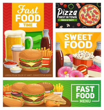 Fast food karışık yemek vektör pizza, çizburger ve kola, kahve ve bira ile patates kızartması. Patlamış mısır, çörek ve dondurma tatlısı. Hamburger, sosisli sandviç ve tavuk budu çizgi film posterleri ve afiş