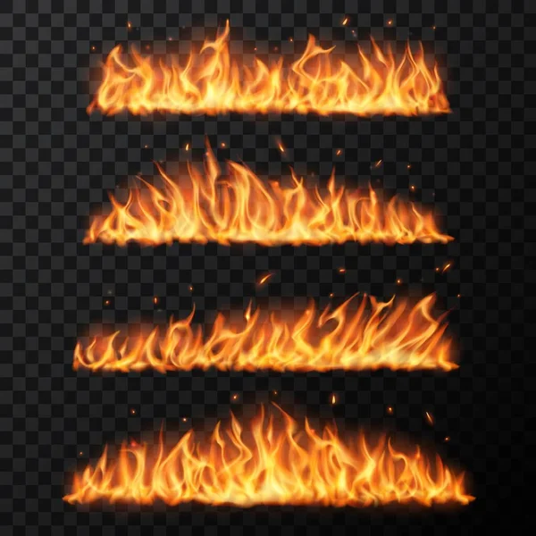 Brennende Feuerzungen Auf Transparentem Hintergrund Realistische Vektorflamme Mit Teilchen Funkenflug — Stockvektor
